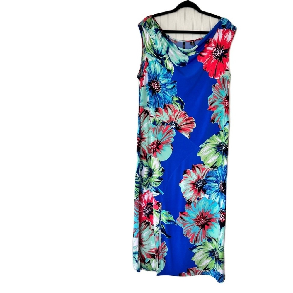 Skies The Limit Tropical Bright Blue Floral Sleeveless Maxi Dress Sz XL